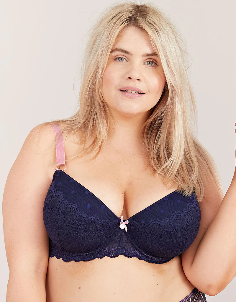 Oola Spot And Lace Padded Balconette Bra Navy - Image 3