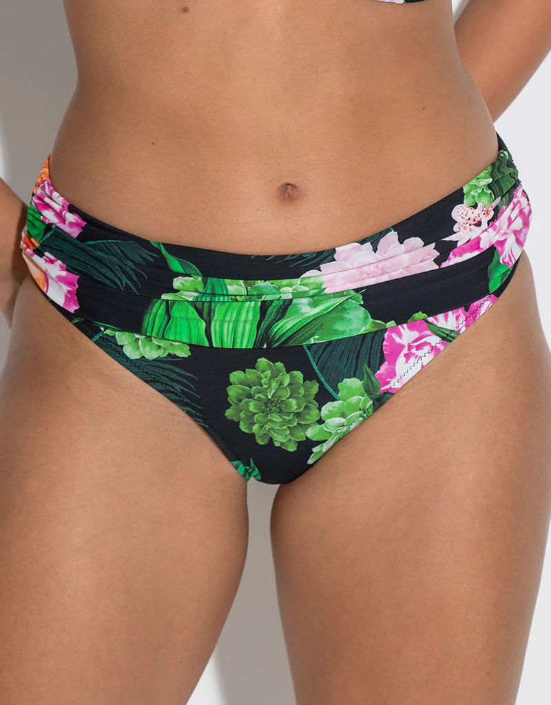 Pour Moi Palermo Fold Over Bikini Brief Black/Green/Pink Print