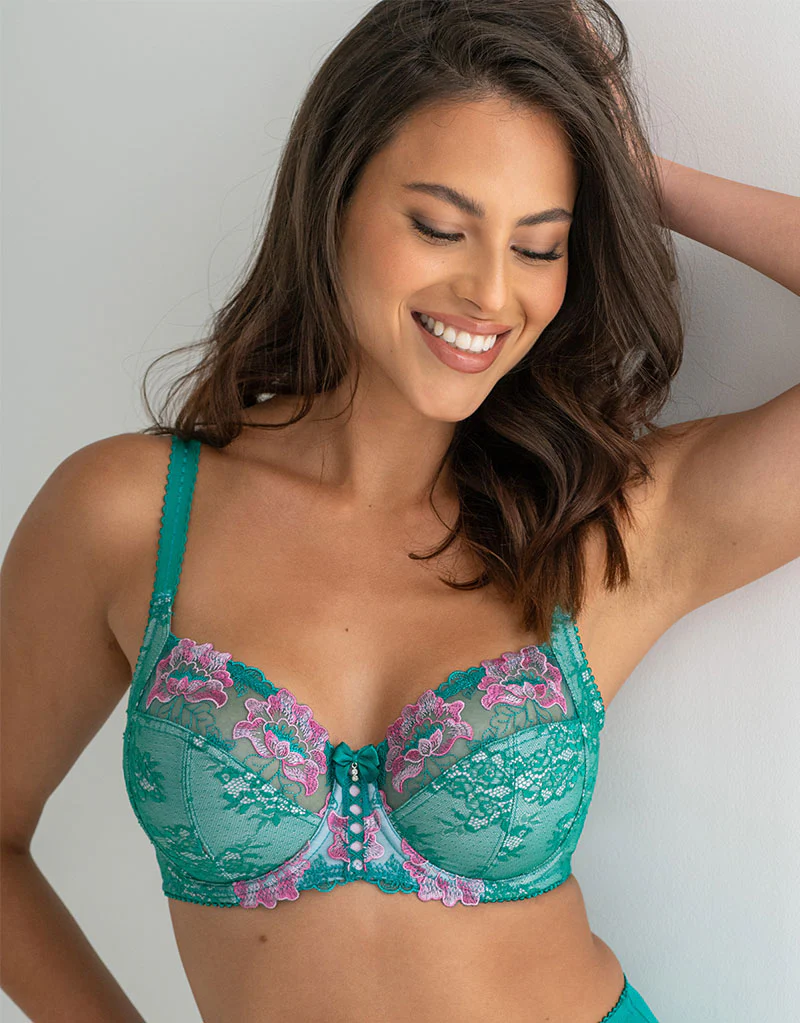 Pour Moi Sofia Lace Embroidered Side Support Bra Green/Pink - Image 3